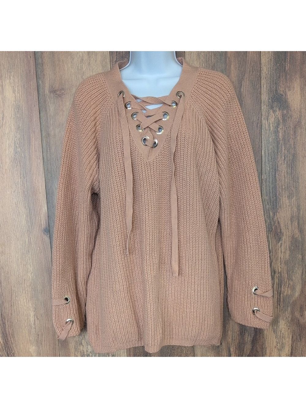 VENUS Lace-Up V-Neck Coral/Tan Sweater XL V234